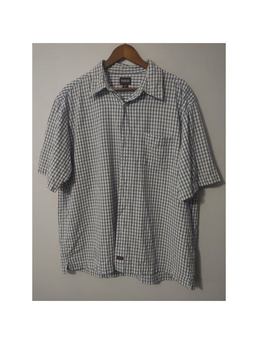 Men's Guess Button Down Shirt XL White Blue Plaid